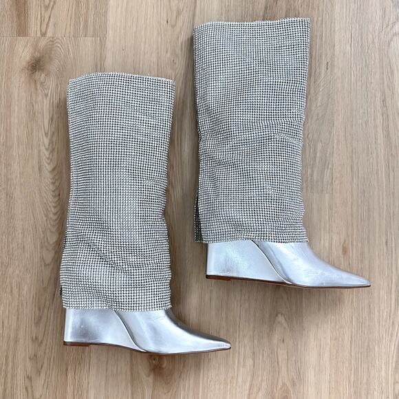 NEW Steve Madden‎ Riski Rhinestone Foldover Tall Wedge Boots in Silver Size 6.5 - Picture 4 of 10